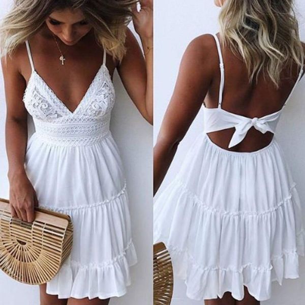 

summer women summer dress bow backless v-neck mini beach dresses 2019 sleeveless mini ruffle white summer beach dress, Black;gray