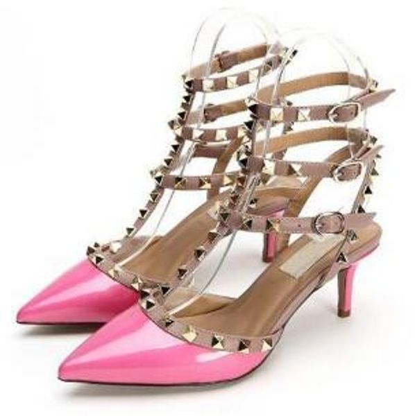 

v classic designer new fashionable lady rivet heels, patent leather pointed lady party dress heels+box . size 34-43, Black