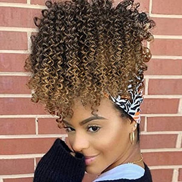 Afro Puff cordão de-cavalo para Pony Mulheres Preto cauda Extensão afro pedaço do rabo de cavalo com cordão Curly Ponytail cabelo Ombre Loiro Humano