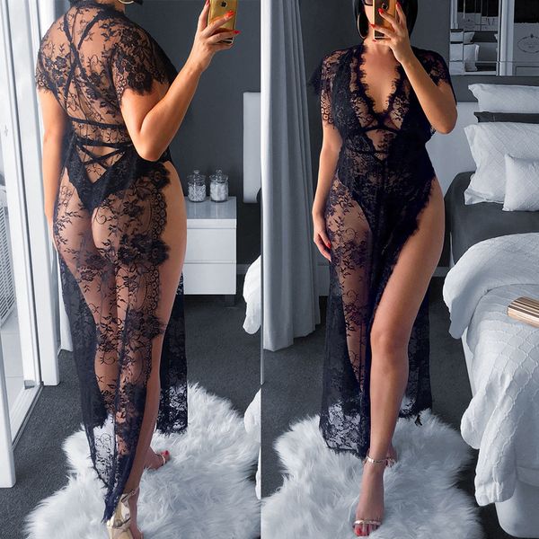 

сексуальное белье женщины black lace глубокий v шеи robe пижамы платья see through дамы цветочные babydoll nightgown сексуальные юбки костюм, Black;white