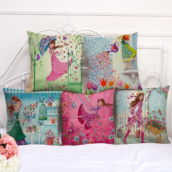 

decorative pillow case cartoon flower girl painting pillowcase 17.5 inches cotton linen chair seat throw pillow cover c1046