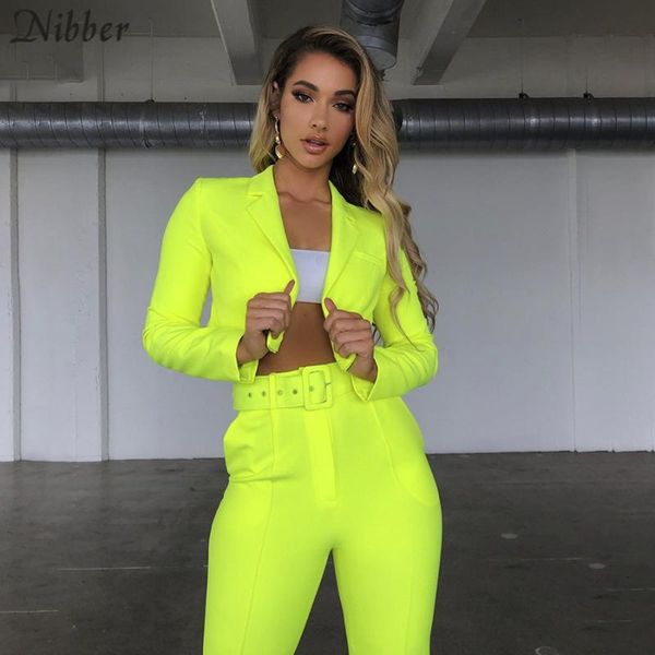 

nibber neon color thin coat cardigan pantalon femme 2two pieces suits womens 2019 autumn winter office ladies street casual sets, White