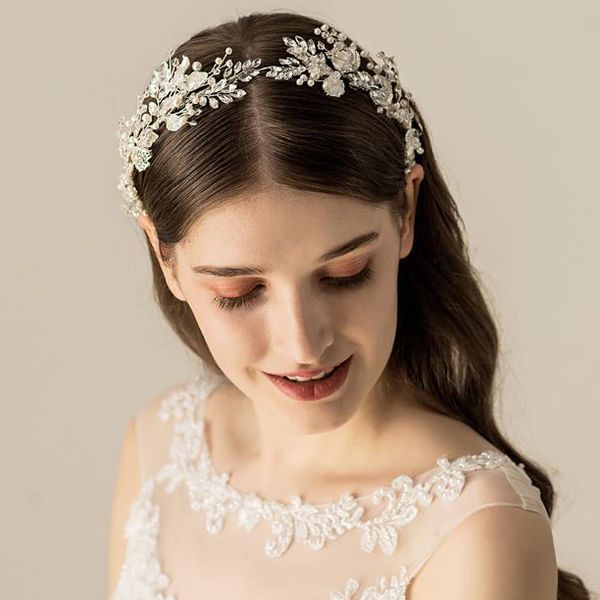 

pearl rhinestones tiara crown silver elegant hairband headband leaf headdress for bride wedding hair accessories bridal jewelry, Golden;white
