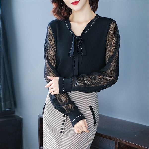 

2020 women's clothing season bow tie hollow ice linen sweater solid color knitted base shirt fairy, White