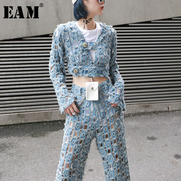 

eam] 2019 new spring summer v-neck long wide sleeve hollow out personality loose denim jacket women coat fashion tide jy322, Black;brown