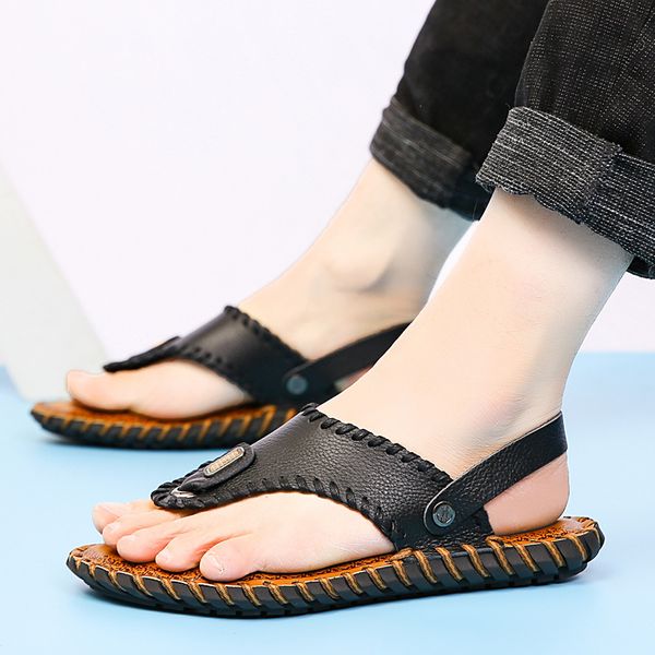 

sandals men's leather first layer cowhide summer fashion trend youth flip-flops slippers mens sandal, Black