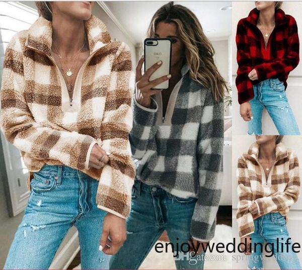 

теплой фланель осень зима plaid женщина повседневной толстовки мода zipper шея длинные рукава толстовка топы fs5164, Black