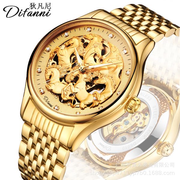 

difanni watch automatic mechanical watch men's luxury full hollow waterproof men's, Slivery;brown