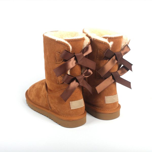 

brand women winter mid-calf snow boots with bows ladies genuine cow leather boots fur shoes female ski icing footwear waterproof, Black