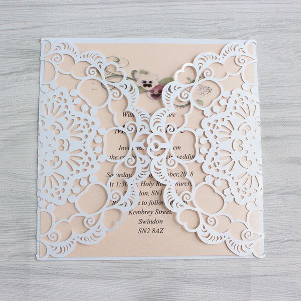 

invitation card wedding white laser cut cover with nude pink insert lace decorated customized printing multi colors ship