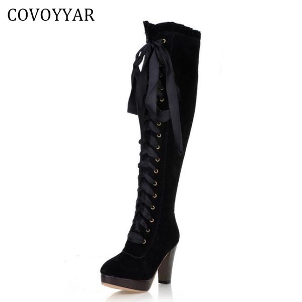 

2019 fashion knee high boots british women high heeled riding knight boots fall winter lace up women shoes sizes 34-43 wbs579, Black