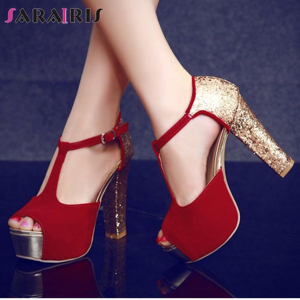 

sarairis female buckle strap peep toe sandals summer sandals women t strap high heel bling wedding party shoes woman, Black