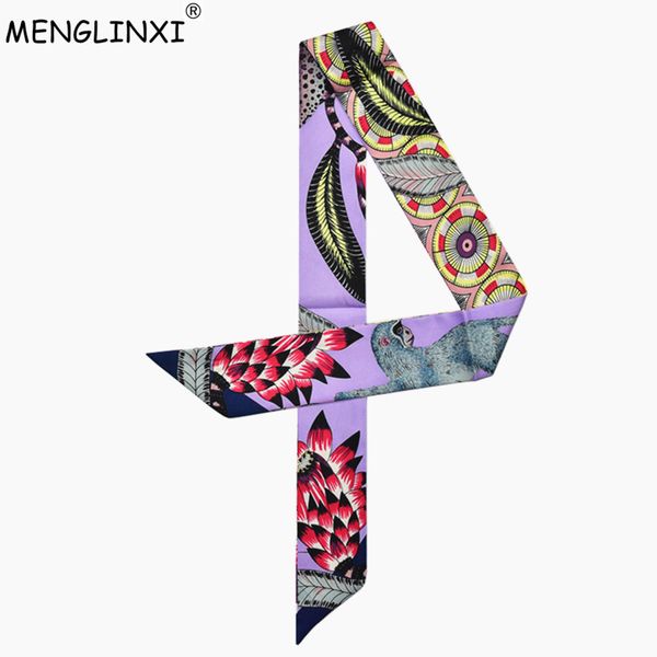 

2020 new fashion cute monkey feather print silk scarf women scarf bag ribbons head small long scarves, Blue;gray