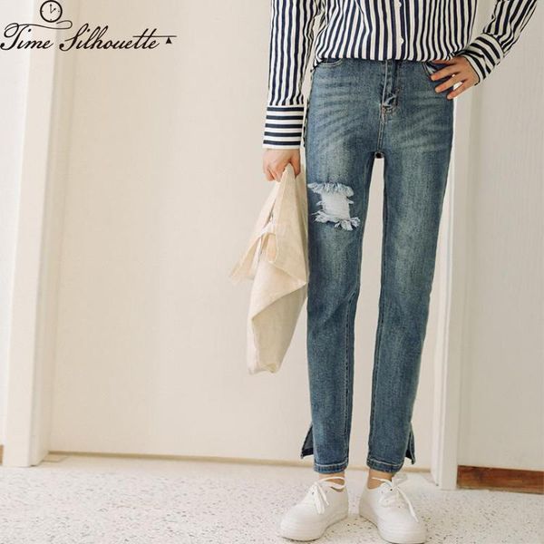 

female denim pants women ripped jeans casual spring summer straight ankle side slit jeans trousers vintage long pants m252, Blue