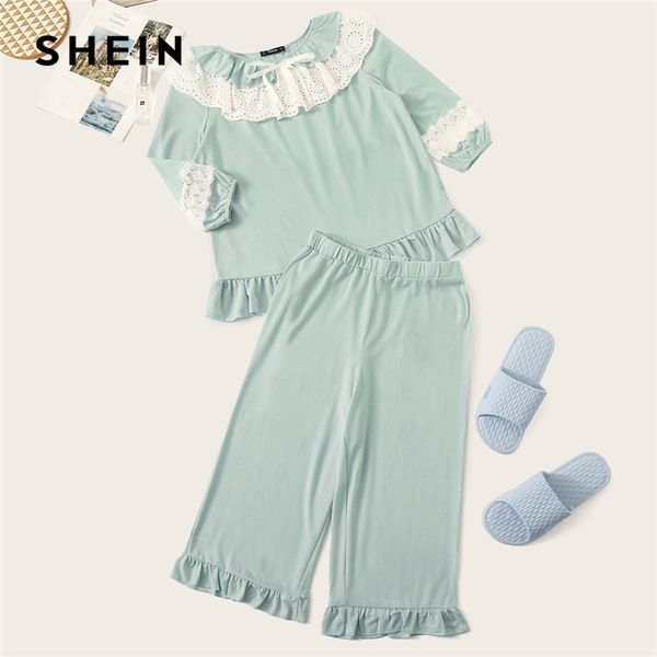 

шеин синий вышитые ушко отделка рябить кружева топ и обрезать брюки гостиная набор милые пижамы для женщин 2019 весна твердые пижамы набор, Blue;gray