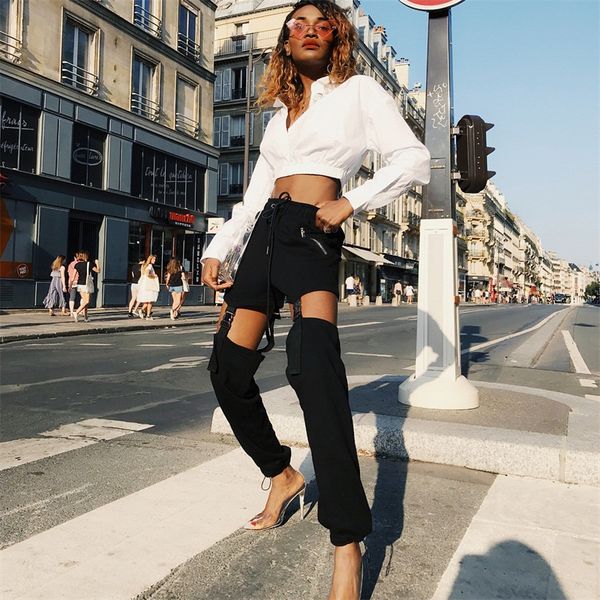 

black drawstring buckle pencil pant women zipper high waist harem cargo pants streetwear casual solid rock trousers, Black;white