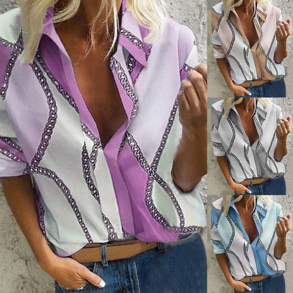 

chain print blouse women work office ladies shirt plus size 5xl fashion long sleeve lapel blusas mujer bohemian shirt 2019, White