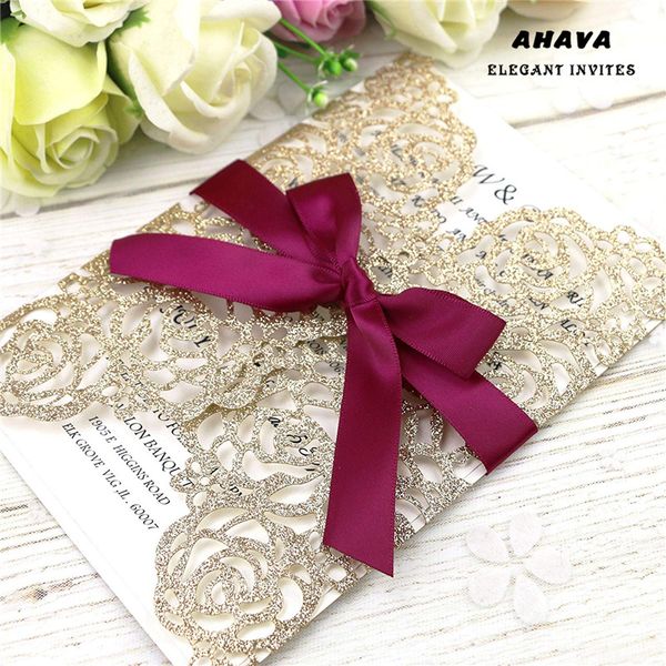 

ahava romantic laser cut flowers invitation card glitter rose gold paper wedding invitation cards wedding party supplies