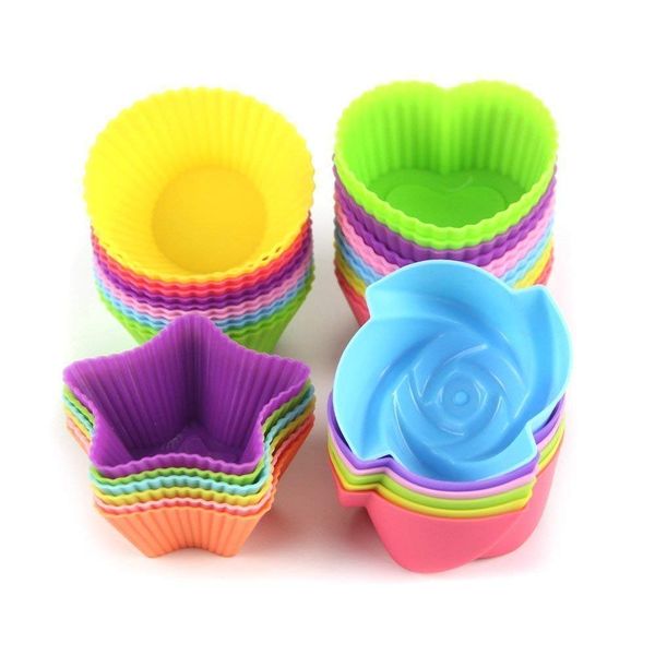 

silicone cupcake liners reusable baking cups nonstick easy clean pastry muffin molds 4 shapes round, stars, heart, flowers