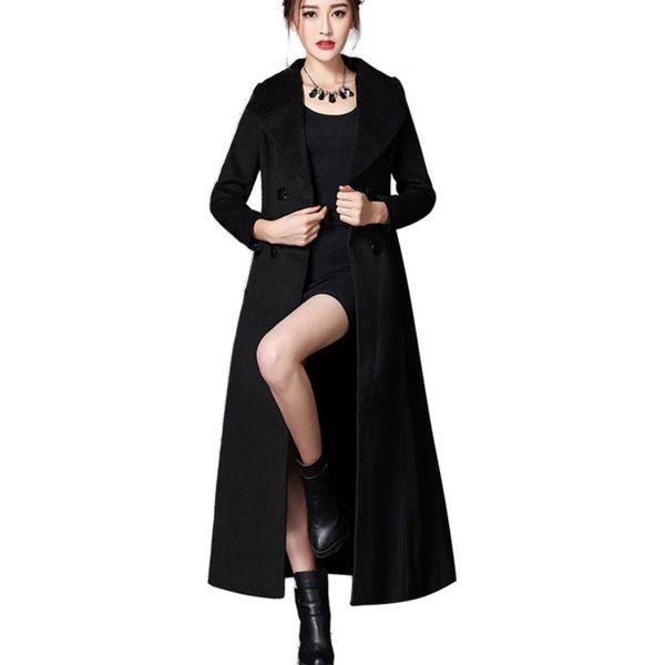 

2019 elegant women winter wool long coat warm double breasted x-long office fashion woolen coat, Black