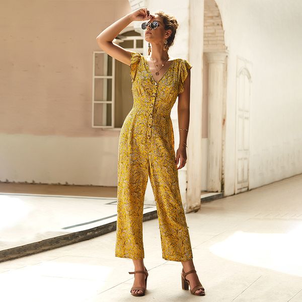 

chiffon floral jumpsuit women button short sleeve cropped pants loose casual thin light-fashionable jumpsuit female 2020 summer, Black;white