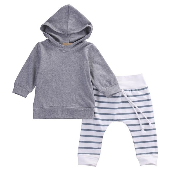 

autumn baby boys long sleeve solid print hoodie sweatshirt +stripe pants trouser costume sets 0-18m, White
