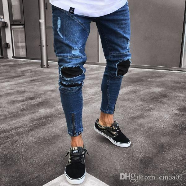 

мужские лоскутные узкие прямые тонкие эластичные джинсовые брюки байкерские брюки длинные брюки прямые джинсы slim fit, Blue