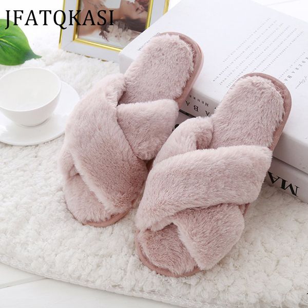 

women slippers warm shoes plush home slippers woman winter indoor shoes fur soft slip on pink coral fleece cross ladies, Black
