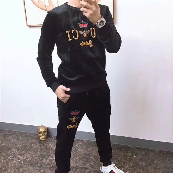 

sports leisure suit men's 2020 spring new sports two-piece suit personality trend crown embroidery gold velvet suit size -5xl men&#039, Gray