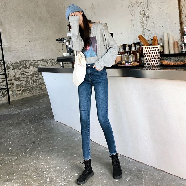 

spring and autumn new style pants high waist jeans women's skinny korean-style bluish grey elastic cowboy trousers women's, Blue