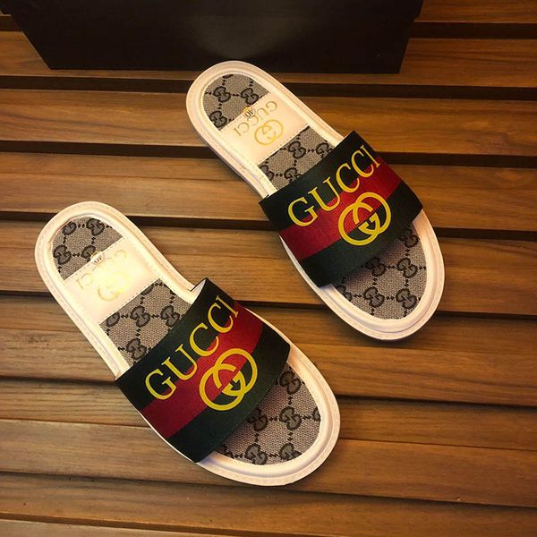 

2019 limited mens luxury ace g designer slippers canvas leather casual sandals men brand party slipper fashion flip flops with box, Black