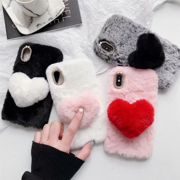 Custodie per capelli autentici Heart Love Rabbit per iPhone 15 14 Plus 13 12 Pro Max 11 XR XS X Bling Diamond Strass Pelliccia soffice Ragazze Soft TPU Cute Holder Cover Pelle di lusso