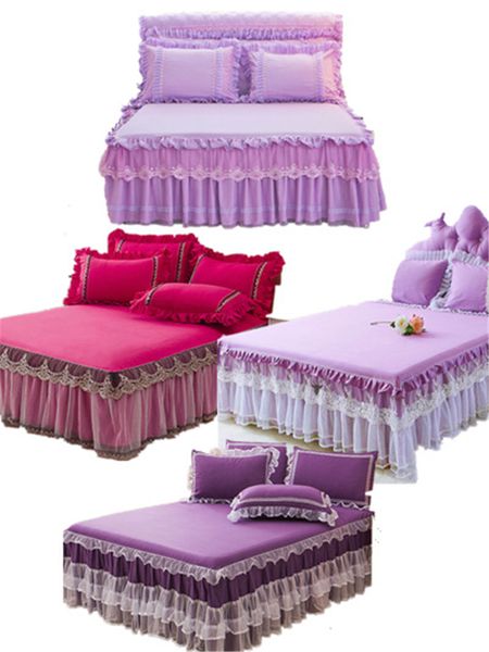 

1/3pcs rose red lace bed skirt pillowcase wedding princess bedding girl bedspread sheets a variety of styles