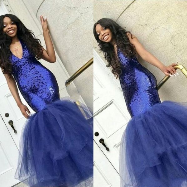 

deep v neck mermaid prom dresses sequins 2019 new fashion cocktail party gowns tulle floor length simple evening dresses ing, Black
