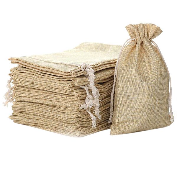 

5.9 inch x 8 inch natural linen burlap bags with jute drawstring for gift bags wedding party favors jewelry pouch, snack sacks a