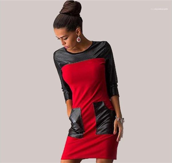 

dresses female apparel with procket womens pu panelled dresses crew neck long sleeve, Black;gray