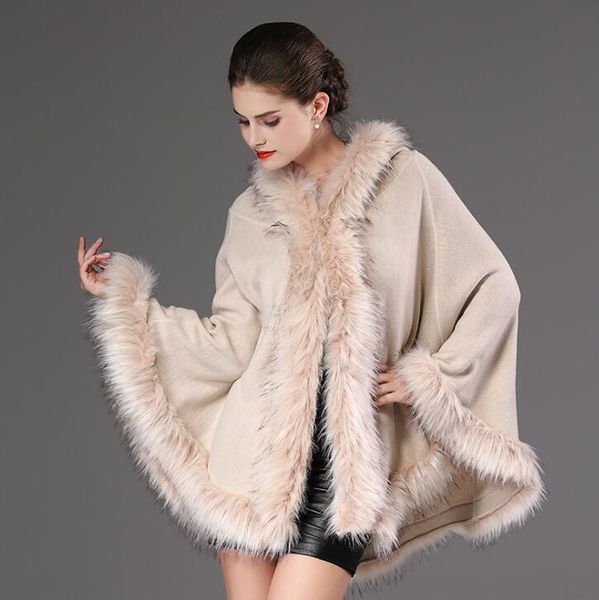 

europe autumn winter women's knitted cape cloak coat faux fur collar outwear ponchos lady's cardigan hooded poncho coat c3912, Black