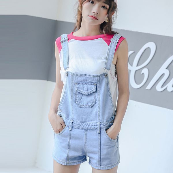 

2018 women light blue denim playsuits salopette straps cotton short romper loose casual overalls shorts rompers ladies playsuit, Black;white