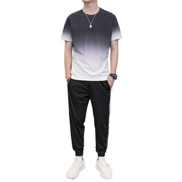 

designer mens gradient suit t shirts long pants two pieces sets fashion summer casual sports track tracksuit fitness sportswears men, Gray