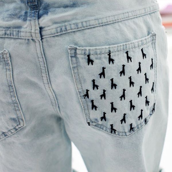 

plus size women shorts cotton casual 4xl womens jeans short dog embroidery holes ripped pockets knee length denim shorts, White;black