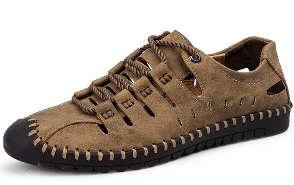 

men sandals genuine leather summer beach sandals slippers shoes men casual shoes lace-up outdoor male 38-48, Black