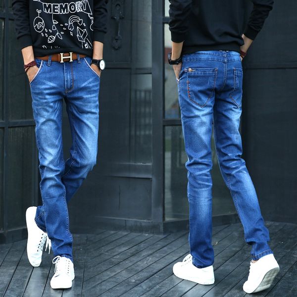 

2020 new fashion spring men's jeans pants boys retro solid simple straight casual elastic scratched denim slim male trousers, Blue