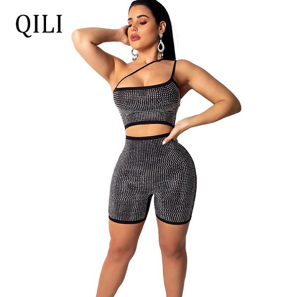 

qili diamonds rhinestone jumpsuit women rompers one shoulder spaghetti strap sleeveless hollow out zipper romper flash rompers, Black;white