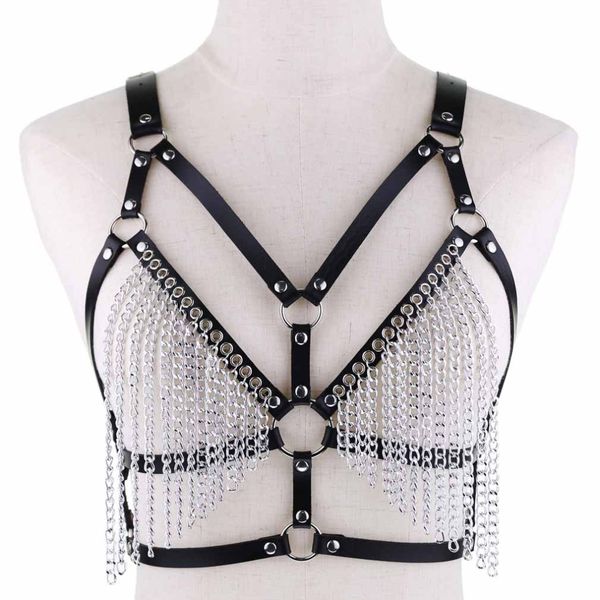 

diezi punk gothic vintage harness bondage metal chain body leather bra necklace for women fashion cosplay torques jewelry, Silver