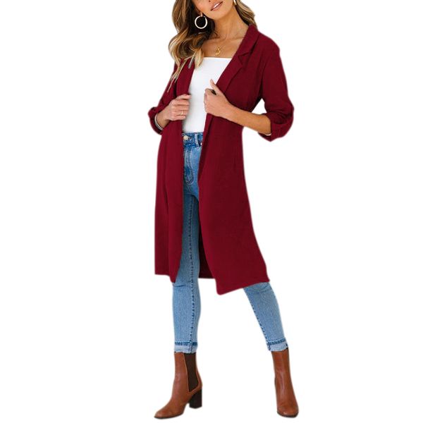 

women solid elegant long coat outdoor cardigan ladies casual waterfall pocket side split jacket windbreaker parka outwear with, Tan;black