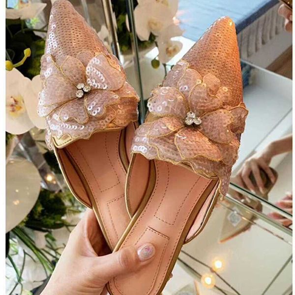 

women shiny bling flower slippers new pointed toe flock flat embroider floral loafers flats velvet mules shoes woman slides 2020, Black