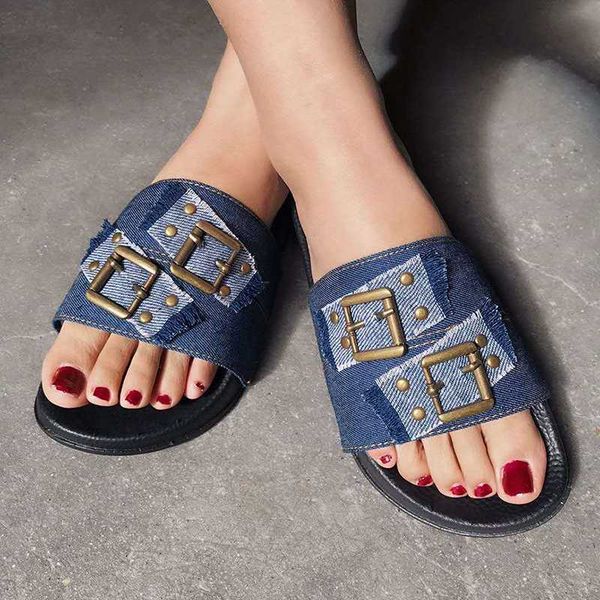 

summer women denim slippers fashion retro flat flip flop casual beach double buckles slippers vintage beach women's shoes, Black