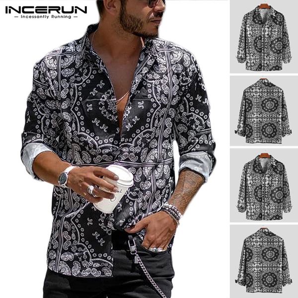 

ethnic men shirt printed long sleeve lapel 2019 vintage loose fit hawaiian camisa masculina streetwear casual shirts men incerun, White;black