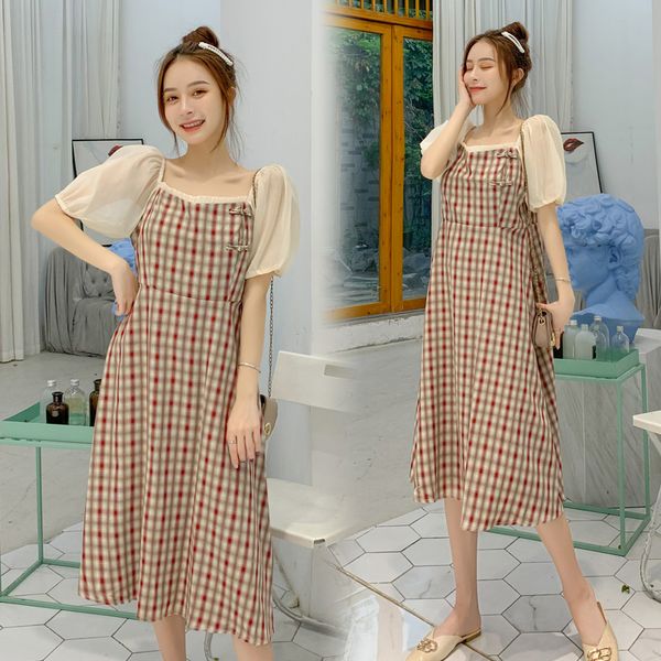 

maternity dresses 9029# clothes summer plaid short sleeve easy matching loose stylish dress for pregnant women mom, White