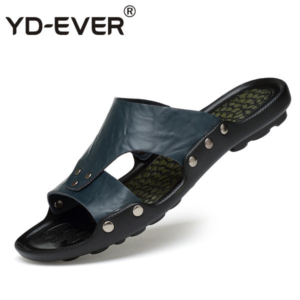 

yd-ever genuine leather men sandals handmade summer fashion brand beach slippers casual moccasin handmade soft shoes 6033, Black